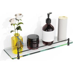 Glass Bathroom Shelves,Matte Black Floating Shelves for Wall Rectangular Modern Stainless Steel Glass Shelf for Bathroom Shelves Wall Mounted 16 Inch