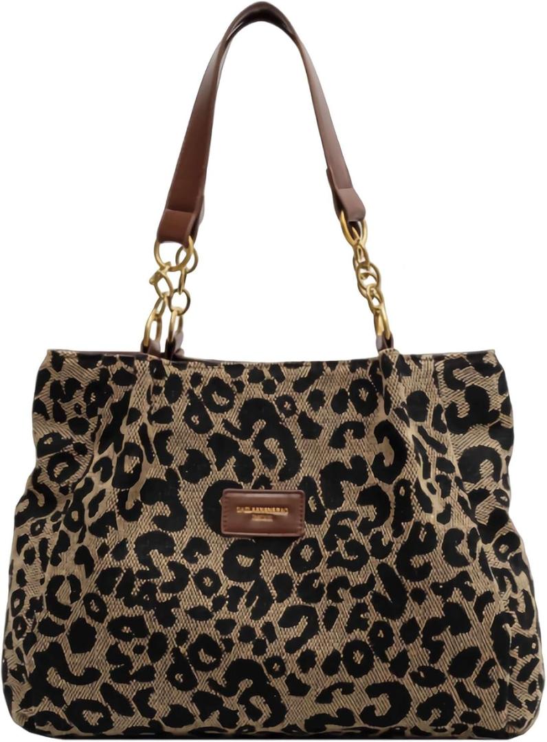 leopard cheetah print tote shoulder bag, canvas animal print chain handbag with zipper, y2k trendy fun everyday tote purses gifts for women