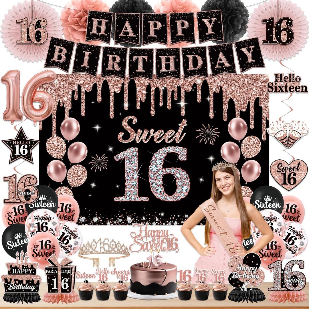 Sweet 16 Party Decoration for Girls Happy 16th Birthday Decorations Black Rose Gold Balloons,Banner,Sash,Hanging Swirls,Cake Topper,Crown,Backdrop,Paper Pom Pom Fans,Sixteen Party Supplies Deco