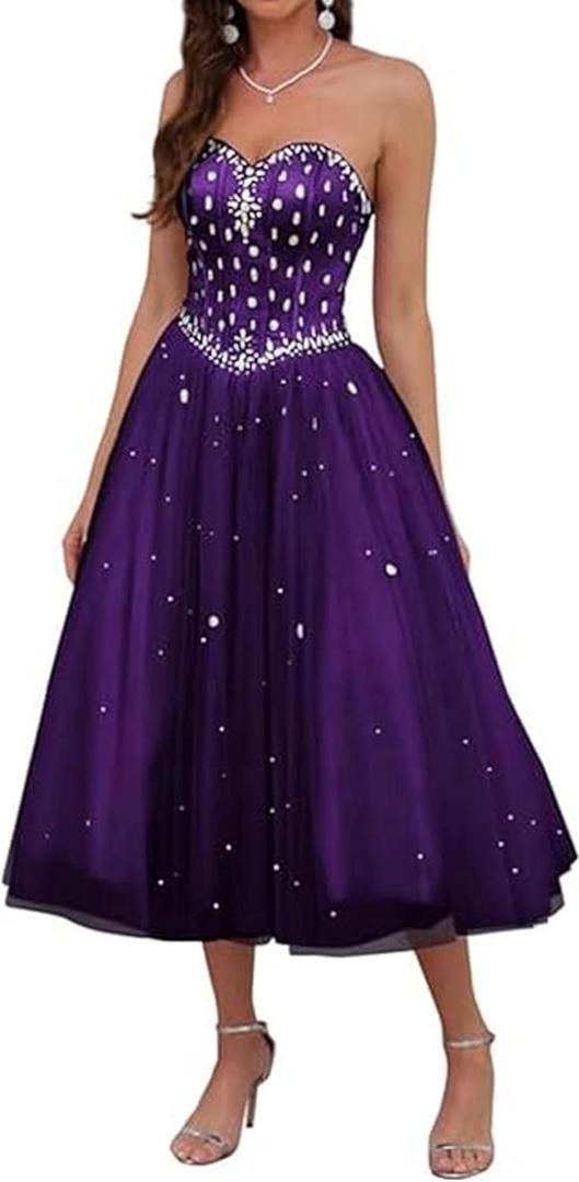 Women's Strapless Tea Length Prom Dress, Tulle Ball Gown with Crystal Beading, Corset Back (2, Purple)