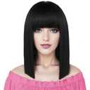 Black Straight Bob Wig with Bangs Short Black Bob Wigs for Women Shoulder Length Heat Resistant Synthetic Bangs Wig for Daily Party Use (14 inch) (1B)