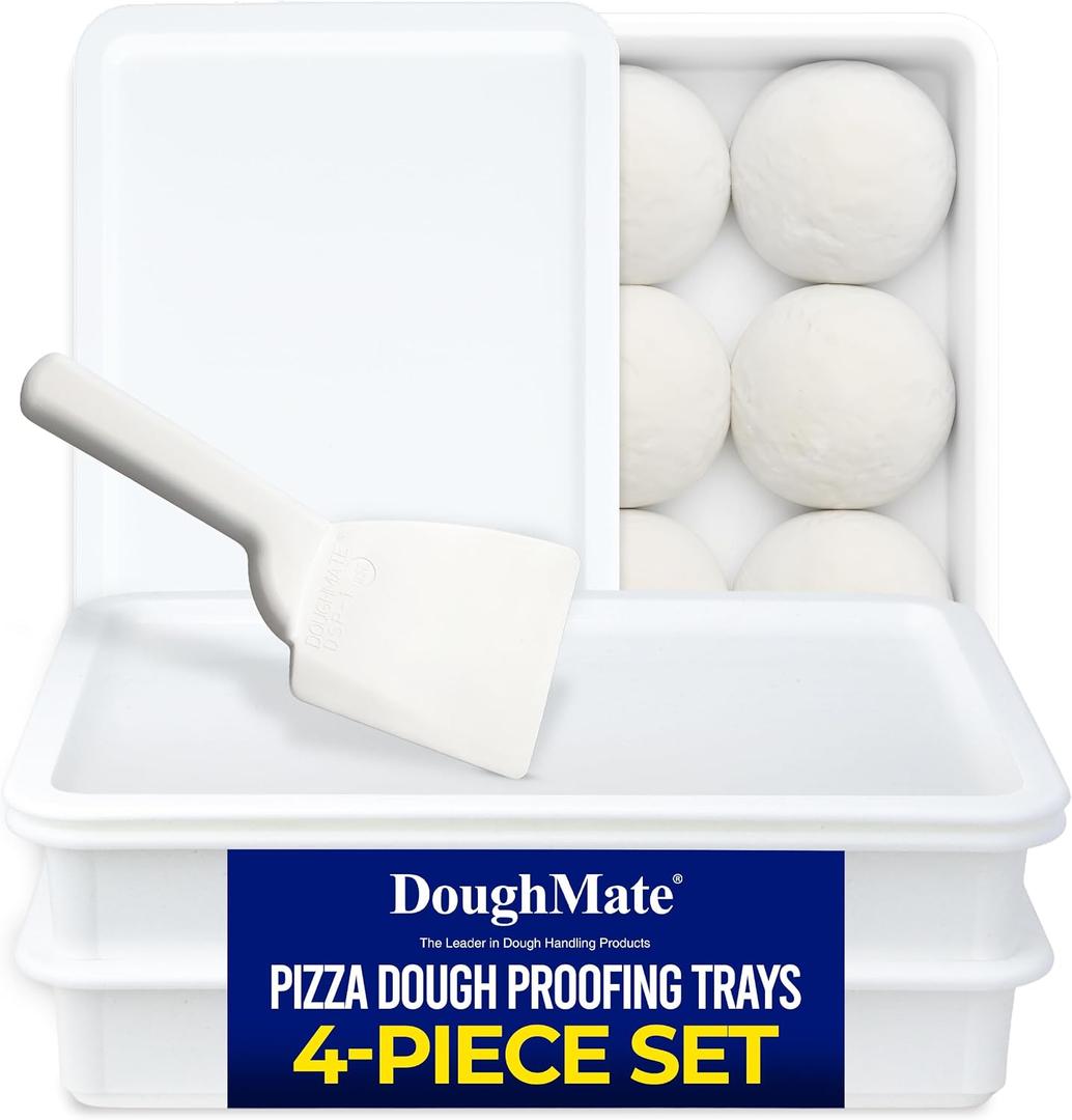 DoughMate Artisan Kit 2 Pizza Dough Proofing Trays, 1 Lid, and Dough Scraper Food Contact Certified, Stackable, Made in USA