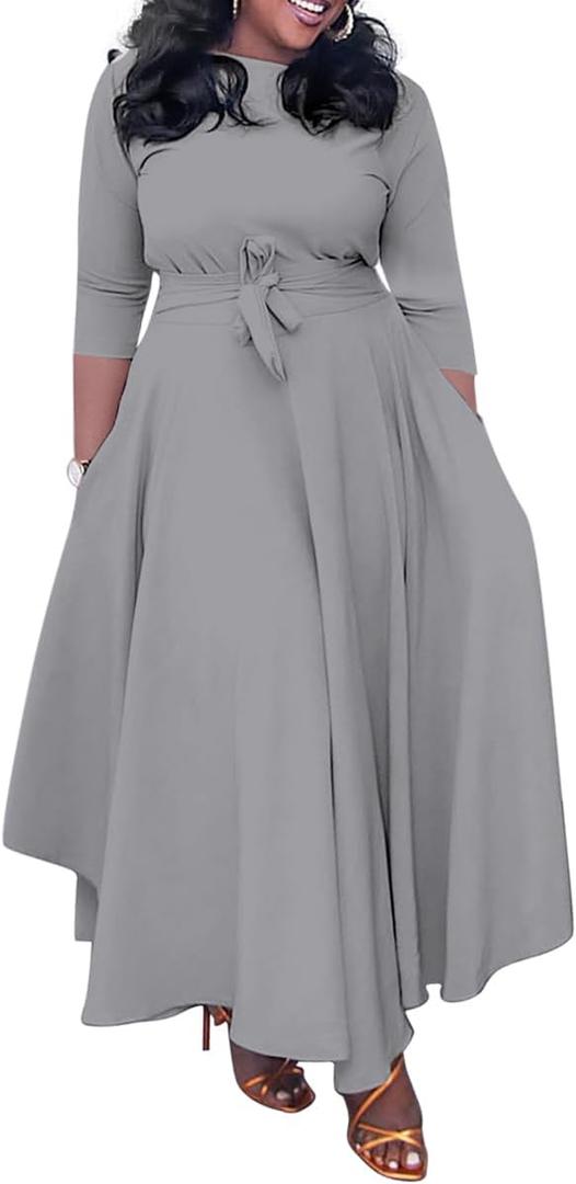 BFFBABY Women's Wrap V Neck Plus Size Maxi Dresses 3/4 Sleeves Chain Floral Printed Swing Dress with Belt (Large)