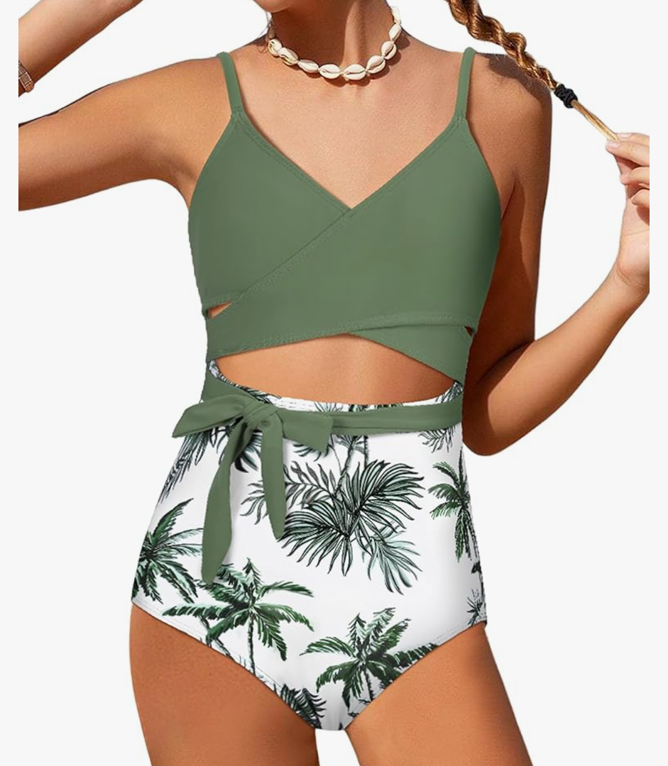 Girls Swimsuit Cutout One-Piece Bathing Suit V-Neck Swimsuits for Teens Cute Swimwear with Drawstring Cover Up 15-16Y