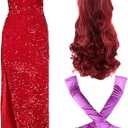 3 Pcs Halloween Rabbit Women's Costume Include Red Wig Purple Long Gloves for Women Dress Costume Cosplay Party
 L