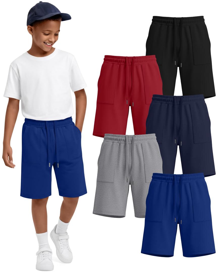 3 x Langyiwee 5 Pack Boys Shorts Kids Athletic Summer Knee Length Sweatshort Teen Drawstring for School Short Pocket 6-16Y(10-11 Years,Pure Red, Navy Blue, Black, Light Heather Gray, Royal Blue)