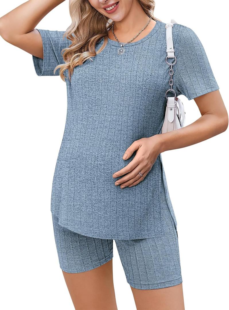 Ekouaer Maternity Sets 2 Piece Outfits Ribbed Knit Short Sleeve Shirts and Biker Shorts Pregnancy Loungewear Mama Clothes (Medium, Blue)