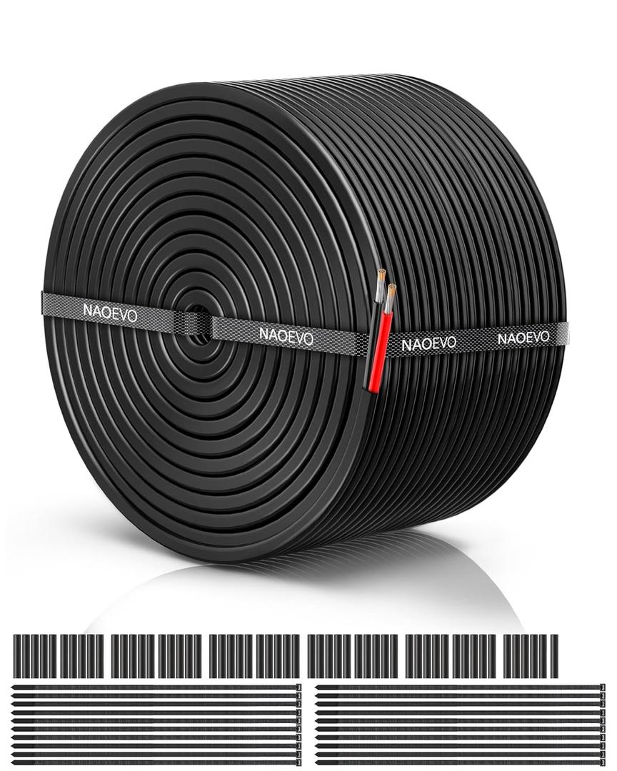 NAOEVO 18 Gauge Wire 2 Conductor Electrical Wire, 18 AWG Stranded PVC Cord, 12V Low Voltage/Tinned Copper/Flexible Cable for Automotive Wiring, Lamp Cord, Marine Cable (100FT)
