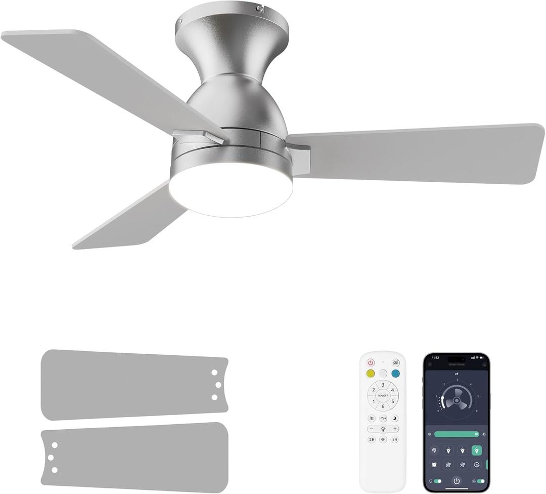 Ceiling Fans with Lights and Remote, 36 Inch Ceiling Fan with Light, Low Profile, Reversible, Dimmable LED, Flush Mount, Quiet, DC Motor, Nickel Ceiling Fan for Bedroom, Kitchen, Dining Room