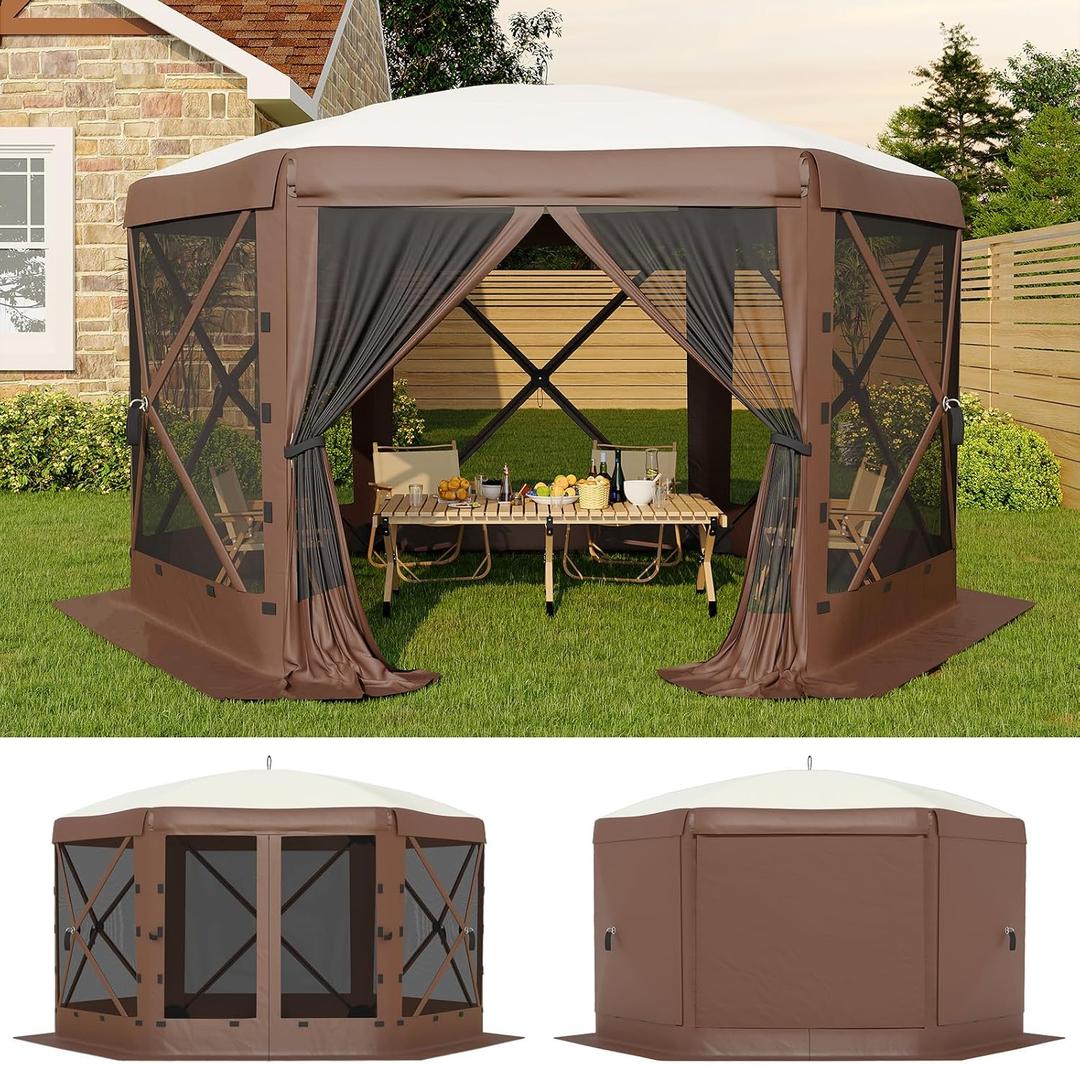 GarveeLife 11.5FT Pop-Up Gazebo Tent with Mesh Netting & Removable Wind Cloths | Outdoor Canopy Tent for Camping, Backyard Parties, Events, Beige & Khaki