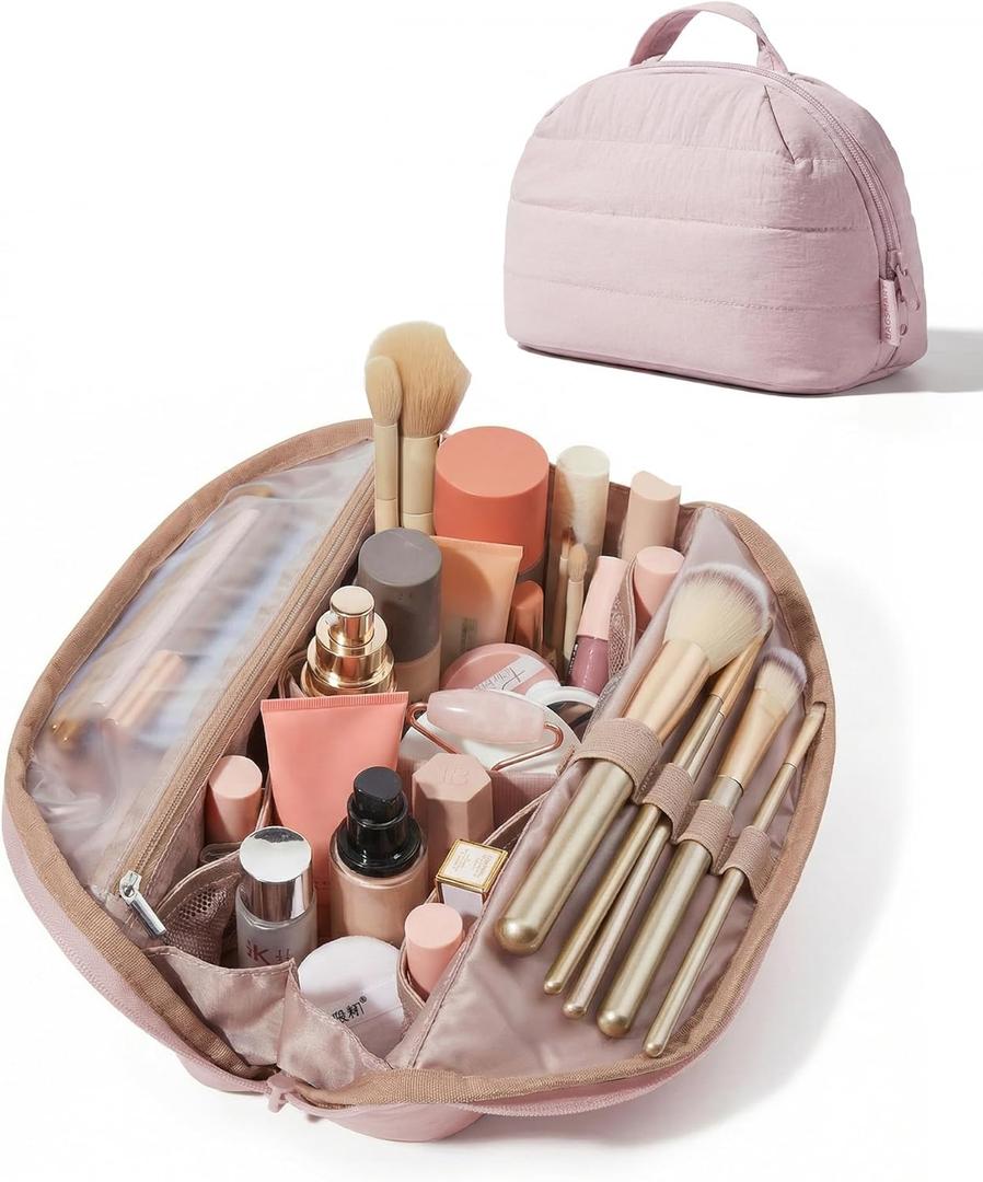 BAGSMART Travel Makeup Bag for Women, Portable Fold-down Cosmetic Case, Puffy Padded Make Up Organizer Pouch, Water-resistant Toiletry Bag for Toiletries, Brushes (Baby Pink)