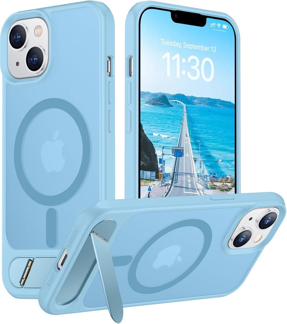 Temdan Magnetic Compatible with iPhone 14 Case/iPhone 13 Case,[Built-in Invisible Kickstand][Compatible with MagSafe][Military Grade Shockproof] Slim Translucent Matte Phone Case for iPhone 14/13 6.1" (Candy Blue)