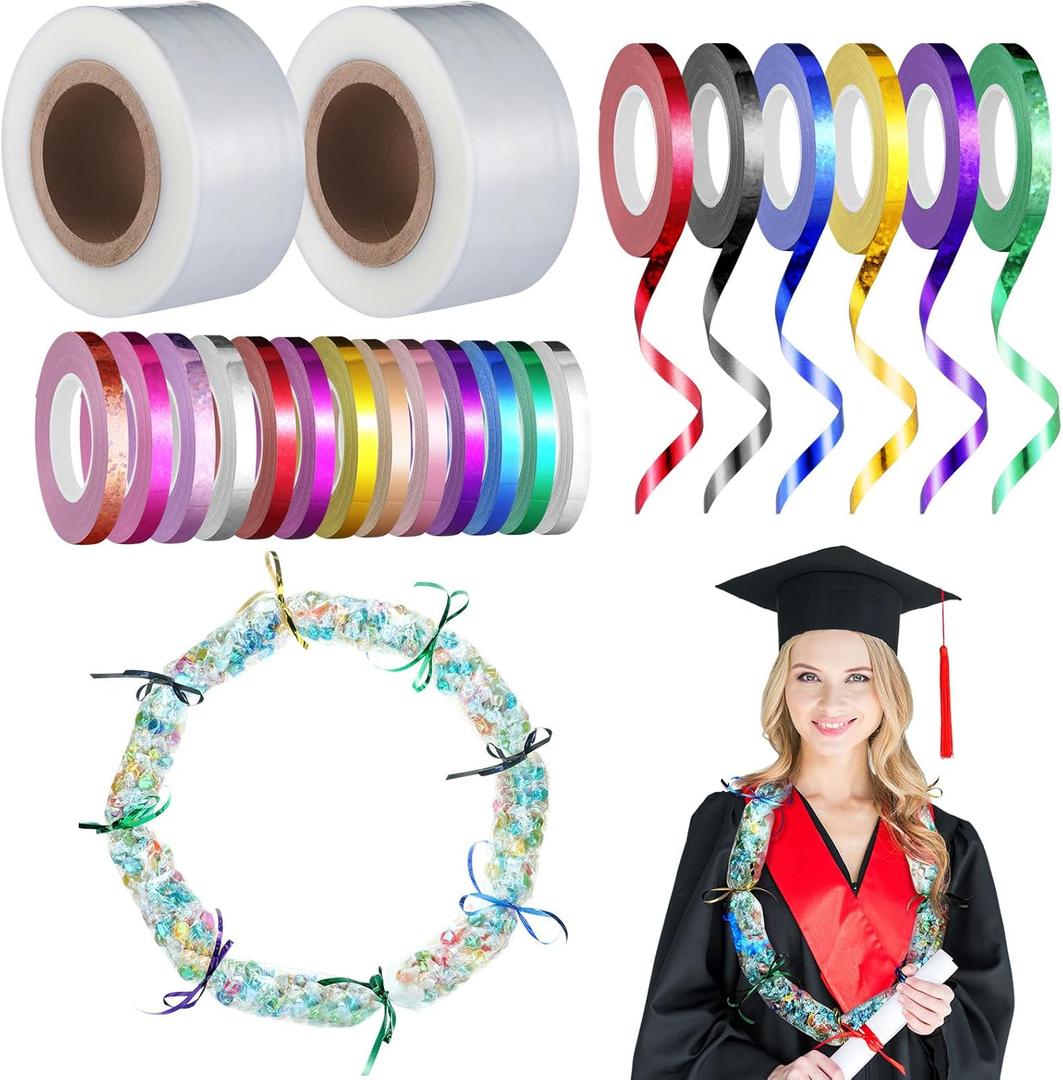 Ribbonlic 2025 Graduation Candy Lei Making Kit Plastic Lei Bags for Graduate Party Include 2.76 Inch x 200yd Poly Tubing 19 Rolls Ribbon Graduat Bags Art Crafts for Graduation Party Supplies