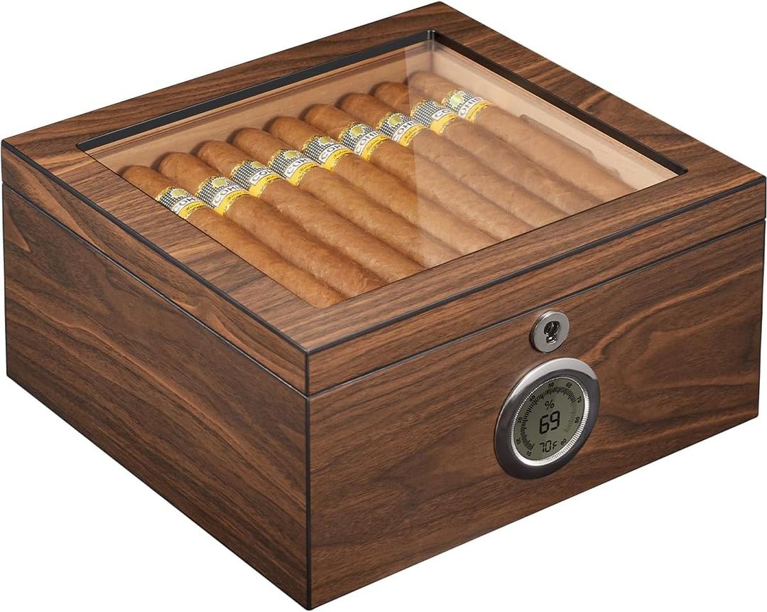 Cedar Cigar Humidor 60-Cigar Capacity with Lock & Digital Hygrometer, 2 Cigar Humidifiers & Easy Humidification System, Slotted Tray, Shelf, and Dividers - Ideal Gift for Cigar Lovers (Brown)