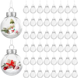ANVAVO 50 Pieces 2.36 Inch Christmas Round Clear Plastic Ball Ornaments Bulk Removable Top Transparent Hanging Ornaments Ball DIY Fillable Clear Baubles for Xmas Tree Home Party Decor