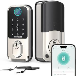 Wi-Fi Smart Deadbolt Keyless Entry: 9-in-1 Hornbill Smart Lock for Front Door, Smart Deadbolt Lock, Electronic Keypad Code Fingerprint Unlock, Works with Alexa for Home Office Hotel, Satin Nickel