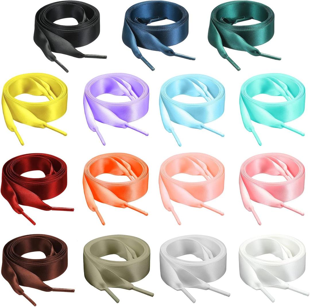 Taiyin 15 Pairs Ribbon Shoelace Flat Ribbon Shoelaces Silk Shoestrings Wide Shoe Laces for Sneakers Skate Shoes Boots Sport Shoes, 15 Colors