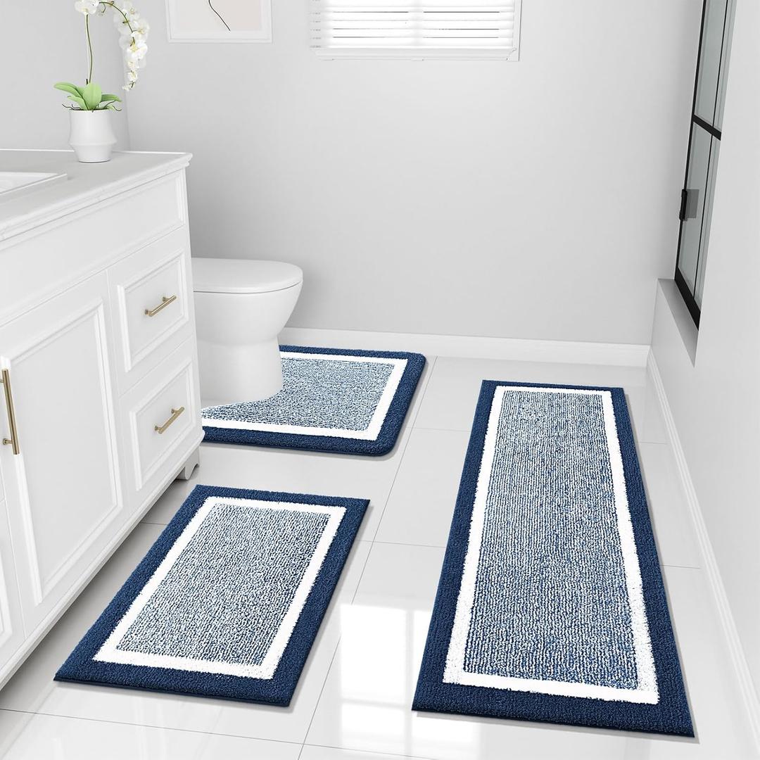 OLANLY Bathroom Rugs Sets 3 Piece, Soft Absorbent Microfiber Bath Mats and U-Shaped Contour Toilet Rug, Home Decor Accessories, Non-Slip, Bath Mat Set for Bathroom (47"x20"+24"x16"+24"x20", Navy)