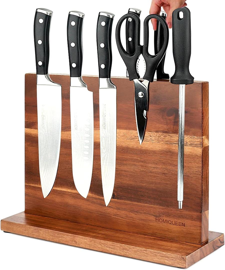 Magnetic Knife Block Double Sided Magnetic Knife Holder Rack with Strong Enhanced Magnets Acacia Wood Magnetic Knife Storage Stand