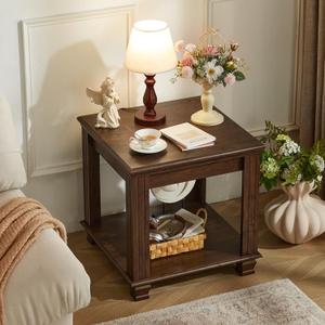 Farmhouse End Table,Large Side Table with 2-Tier Storage Shelf,Rustic Brown End Tables for Living Room,Square Tea Table,Walnut (1)
