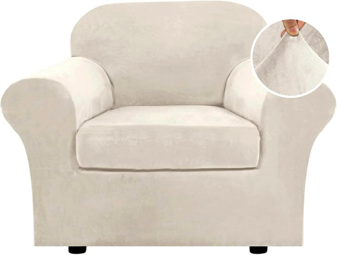 H.VERSAILTEX Rich Velvet Stretch 2 Piece Cover Chair Slipcover Sofa Cover Furniture Protector Couch Soft with Elastic Bottom Chair Couch Cover with Arms Width Up to 49 Inch(Chair, Ivory)