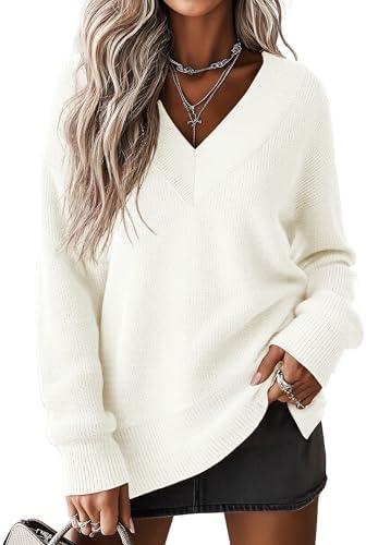 Jouica Women's Sweaters V Neck Pullover Sweater Side Slit Long Sleeve Knit Fall Tops Trendy Outfits for Women 2026 Size S White
