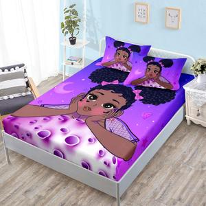 HOSIMA Girl Magic Bedding Set, Twin Size, Purple, Black Girl Theme, 1 Fitted Sheet + 2 Pillowcases, Deep Pocket, Breathable Microfiber (Twin 39"*75")