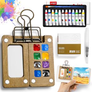 2 x Mini Watercolor Paint set, Portable Watercolor Paint Travel Set, 12 Color Pocket Artist Watercolor Travel Kit with Picture Book, 8 Grids Portable Wooden Paint Palette for Painters, Artists, and Students