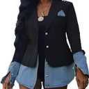 Tbahhir Women's Blazer Jacket Denim Patchwork Long Sleeve Lapel Button Down Casual Office Jean Trendy Coat, Large