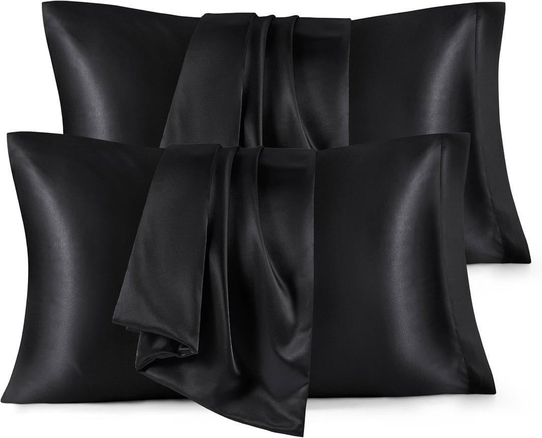Bedsure Satin Pillowcases Standard Set of 4 - Black Silk Pillow Cases for Hair and Skin 20x26 Inches, Satin Pillow Covers 4 Pack with Envelope Closure, Gifts for Women Men