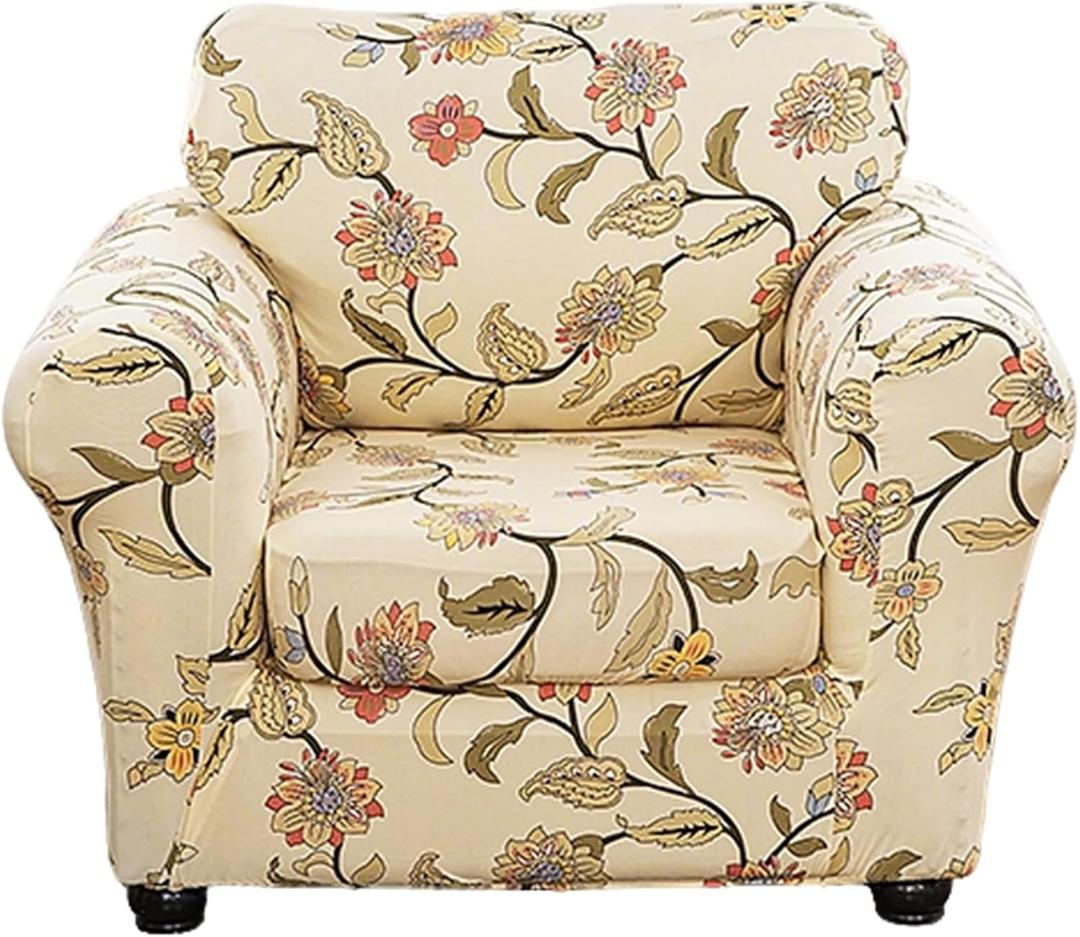 FUANGUI 2 Piece Chair Covers Stretch Arm Covers Chair Couch Covers, Floral Chair Covers Armchair Slipcover with Separate Chair Cushion Cover, Washable Chair Protector for Living Room,04, Small