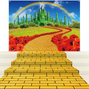 4Pack Yellow Brick Road Runner and Emerald Castle Backdrop for Wizard Party Decorations,Yellow Brick Stone Road Leading Emerald Castle Rainbow Background for Photography Halloween Princess Party Decor