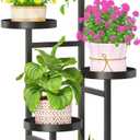LASZOLA 4 Tier Metal Plant Stand for Indoor Corner, Heavy Duty Wooden Flower Holder Rack for Mutiple Plants, Planter Display Shelf for Patio Garden Balcony Living Room, Black