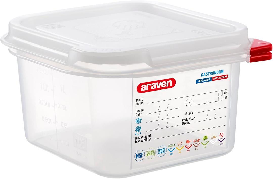Araven Airtight Container, Food Pan with Lid for Storage in Kitchen and Restaurant, 1/6 GN 4" Deep, 6 Count, Clear, 1.9 Quart