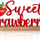 MiniInflat Fresh Sweet Strawberries Metal Sign Rustic Table Decor Summer Tiered Tray Decor with Wooden Base Freestanding Metal Word Sign for Home Tabletop Centerpiece Mantel Shelf Fireplace, 2 Packs