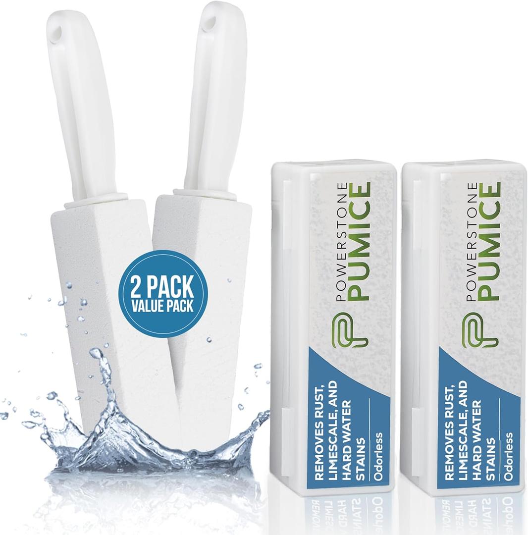 Powerstone Pumice Stone Toilet Bowl Cleaner with Handle (2-pack) - A Solution for Hard Water Stains on Toilets, Grills, Tiles, Grout & Pools