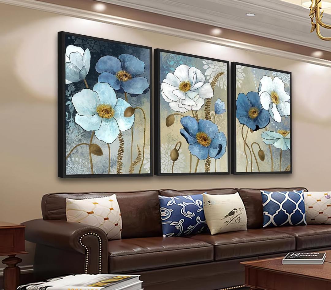 ASDCEUTICALS Large Framed Wall Art - Boho Flowers Wall Decor, Retro Floral Pictures, Blue White Botanical Canvas Prints for Bedroom Living Room Bathroom Kitchen Office Artwork 24" X 36" X 3 Pcs (Teal)