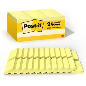 Post-it Notes, 1/3/8 x 1 7/8 in, 24 Sticky Notes Pads, 100 Sheets per Pad, Canary Yellow, The Original Post-it Note, School Supplies and Oce Products