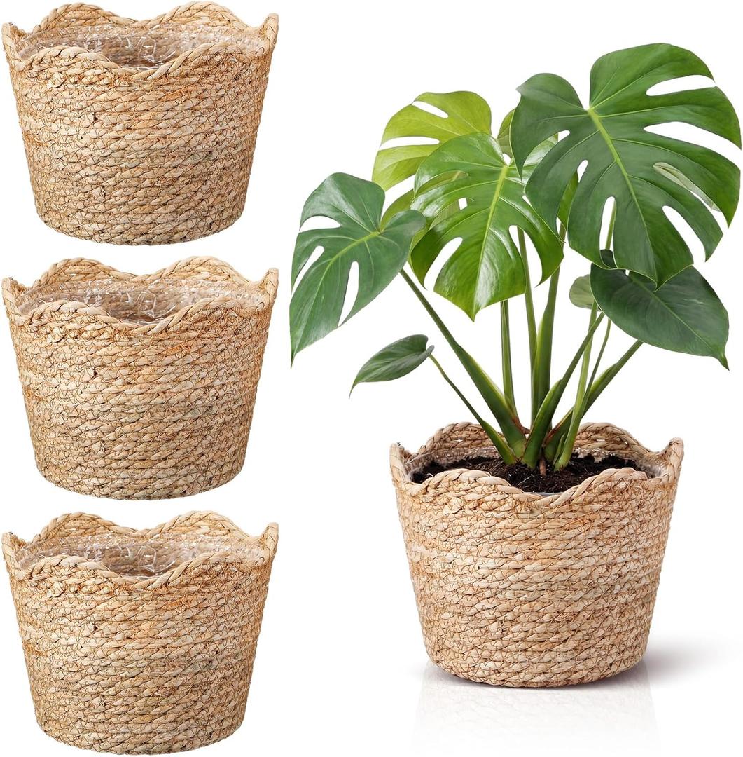 4 Pcs Large Seagrass Planter Basket with Plastic Lining Wicker Planter Basket Weaved Baskets for Plants Laundry Baskets Plant Container Straw Flower Pot for Indoor Outdoor Plants