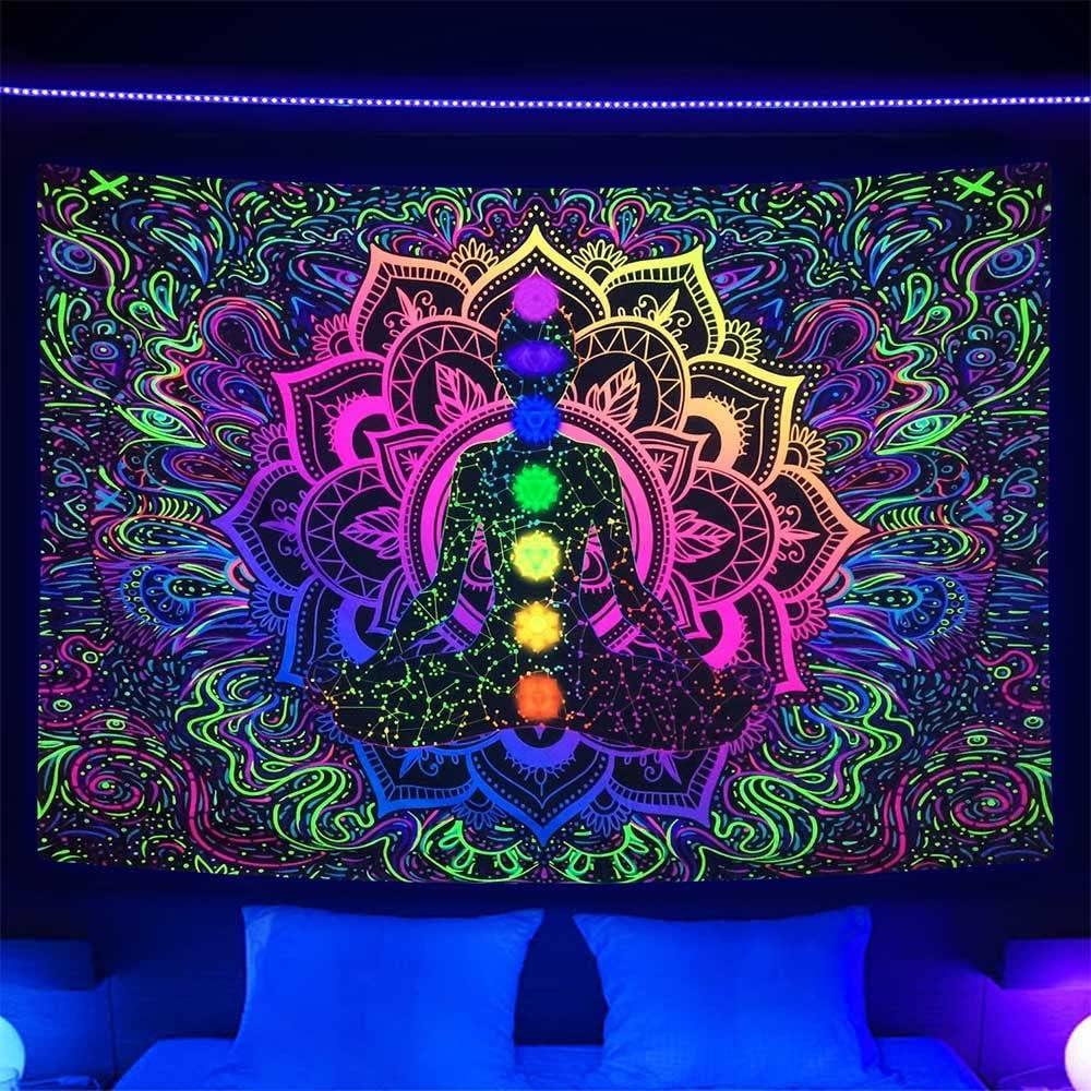 Blacklight Seven Chakra UV Reactive Bohemian Mandala Spiritual Tapestry - Boho Yoga Meditation Wall Hanging for Yoga Room, Bedroom, Living Room, Dorm - 80 X 60 Inch