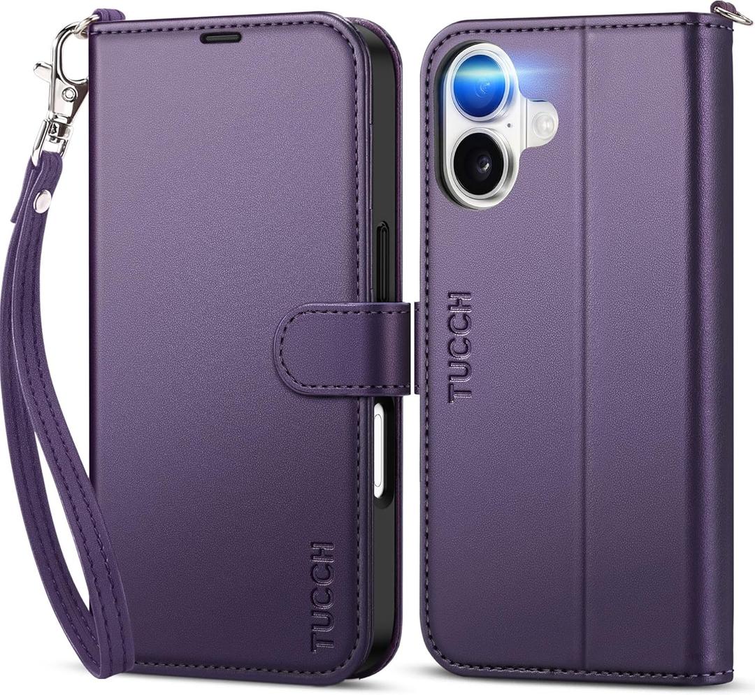 TUCCH Case Wallet for iPhone 17 (6.3") 2025, Wrist Strap, Stand, RFID Blocking, 4 Card Holder, TPU Shockproof Inner Shell, PU Leather, Magnetic Closure Folio Protective Cover, Deep Purple