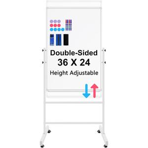 White Board Dry Erase Board with Stand 36" X 24", Mobile Whiteboard with Stands, Double-Sided & Height Adjustable Rolling Magnetic Whiteboard On Wheels, Portable Stand Up White Board