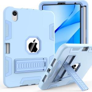 CCMAO for iPad Mini 7 A17 Pro Case, iPad Mini 6th/7th Generation Case (2021/2024), with Pencil Holder and Kickstand, Heavy Duty Shockproof Hybrid Three Layer Protective Cover, Light Blue