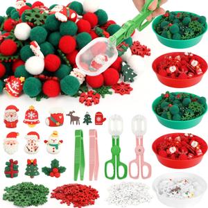 Christmas Sensory Bin Filler - 184 Pcs Christmas Fine Motor Toys, Colorful Counting Sorting Winter Decor for Kids, Pompoms Cups Tweezers Scissor Clips Xmas Resin for Preschool Education Activities