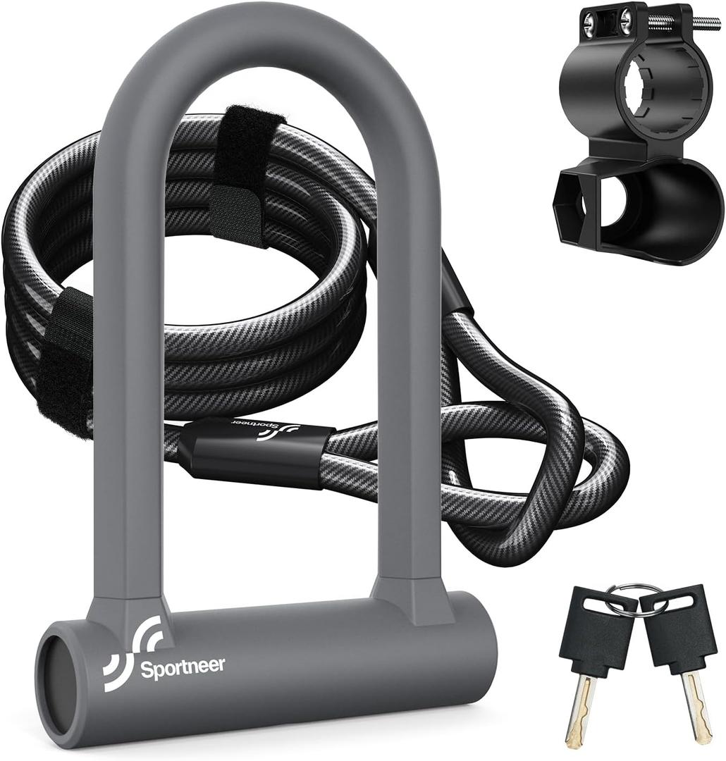 Sportneer Bike Lock - Heavy Duty Anti Theft Bike U Lock with 5ft Security Steel Cable - 17mm Shackle Bicycle U-Locks with Keys & Sturdy Mounting Bracket for Road, Mountain, Electric Bike, Grey (Gray)