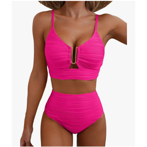 Herseas 2 Piece Bikini Set U-Wire Cutout Popular Swimsuit High Waisted Textured 2026 Summer Beach Swim Bathing Suits. Size LG