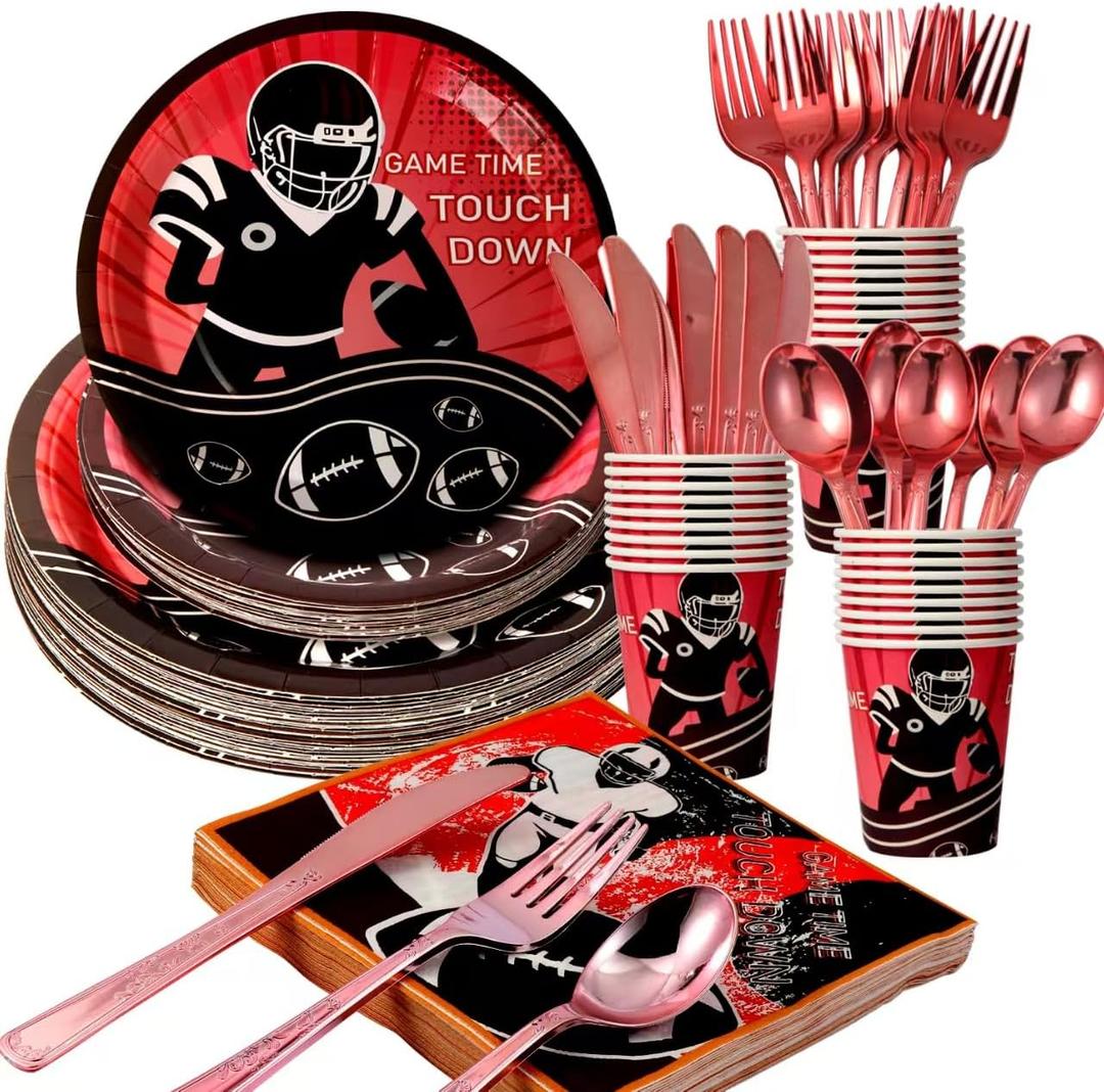 175 Piece Rugby Themed Disposable Plate and Napkin Set, Rugby Party Supplies Tableware Set, Sports Birthday Decorations, Children's Party Supplies (25 Guests)