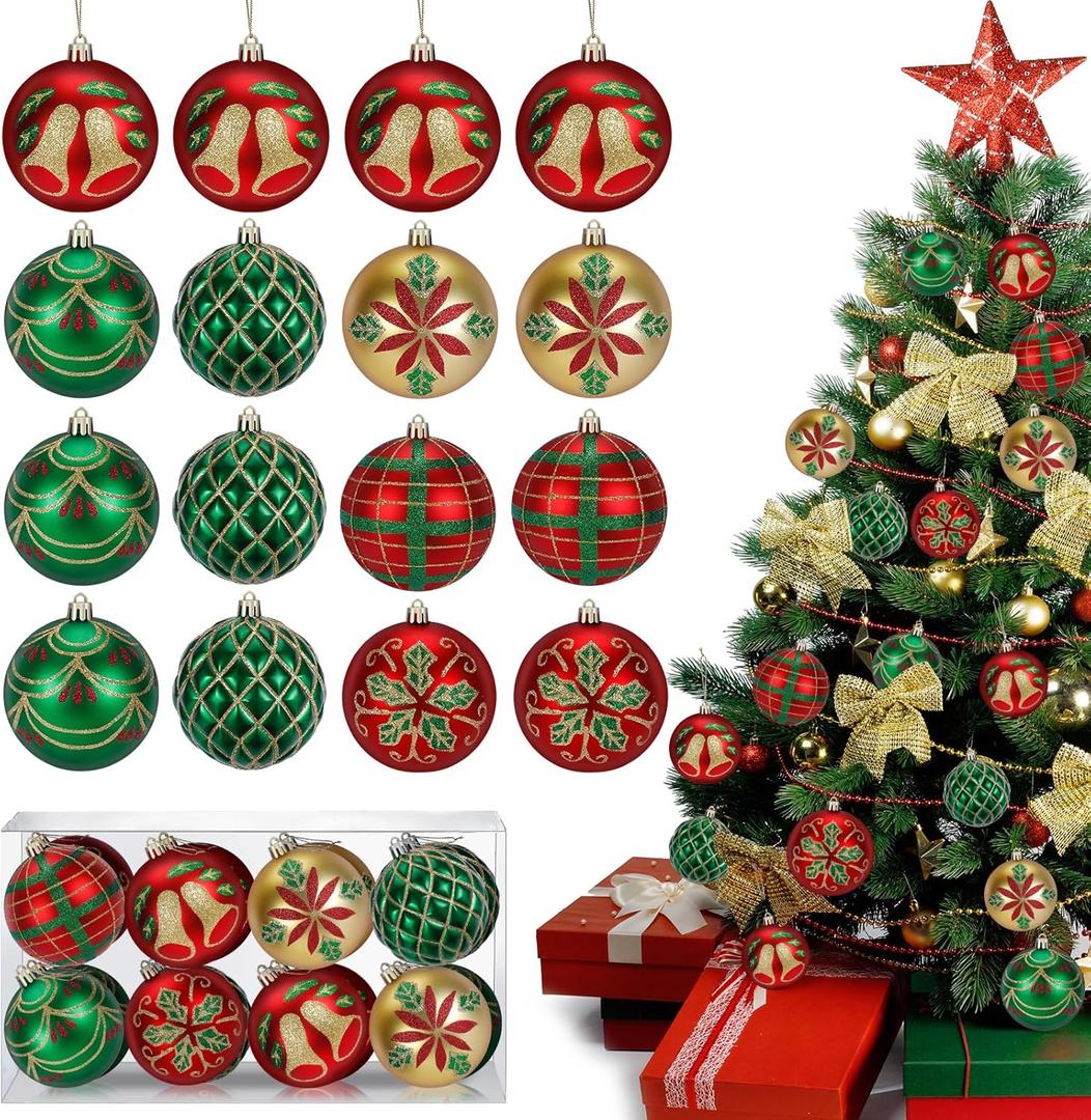 Christmas Tree Ornament Set, 16pcs 3.15 Inch Red and Green Shatterproof Christmas Tree Ornaments Ball Set Decorative Hanging Decoration for Xmas Decorations Home Dcor Party Holiday Weddin