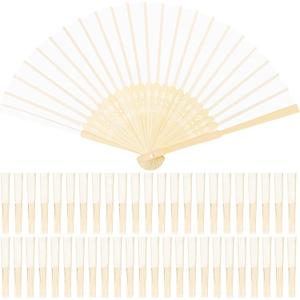 URATOT 48 Pieces White Folding Fans Silk Bamboo Folding Fans Handheld Fan for Wedding, Party Decoration
