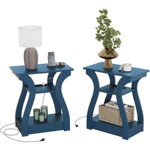 End Table with Charging Station, Side Table with USB Ports and Outlets, Nightstand, 3 Tier End Table with Storage Shelf for Living Room, Bedroom, Navy Blue, Set of 2